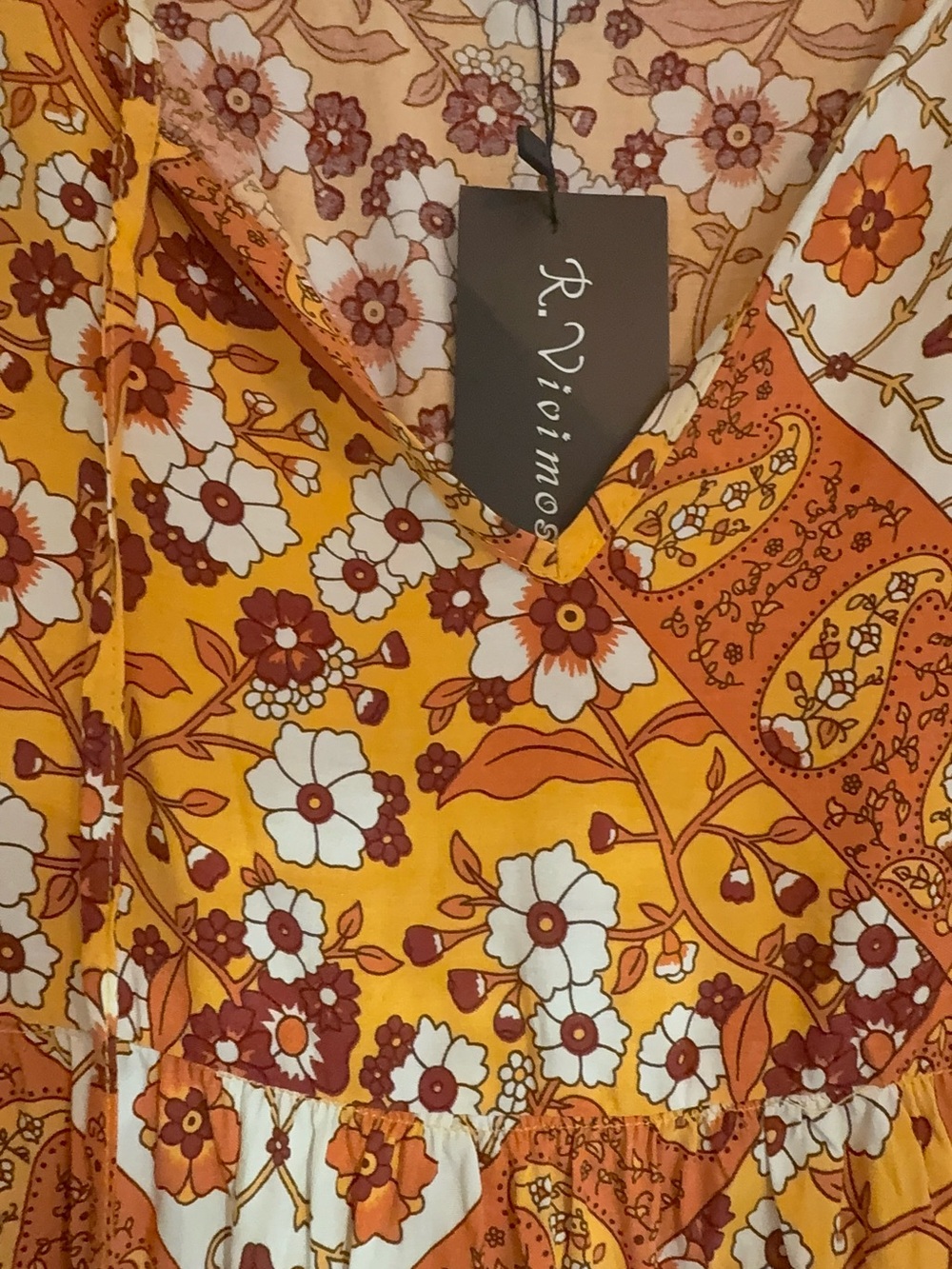 R. Vio'mos Floral Print Yellow Orange womens blouse large